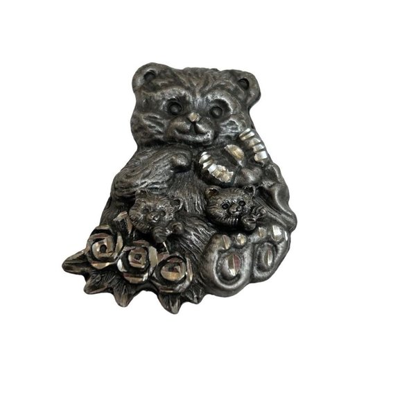 Vintage Brooch Earring Post Pierced Set Teddy Bears Torino Style 1.5" Pewter? - Picture 4 of 6
